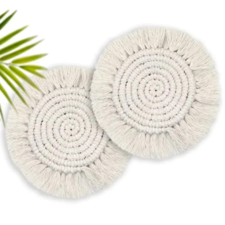 7.4in Boho Coasters for Drinks, Handmade Woven Absorbent Coasters for Desk, Farmhouse Cute Coaster for Mugs Cups - Home Decor Housewarming Gift for Women Mom, Beige