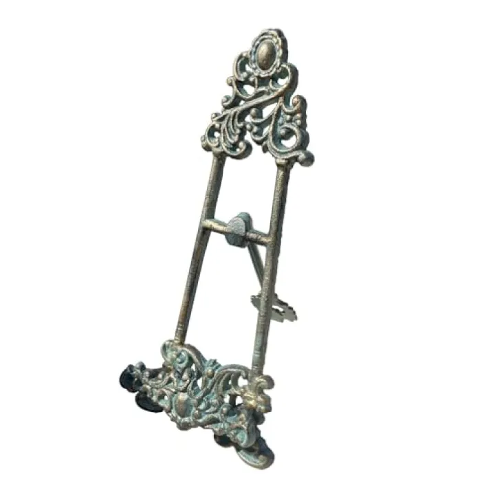 handchic Decorative Metal Easel Stand, Vintage Turquoise Cast Iron, Ornate Scroll Design, 13.4x5.5 Inches, Display Holder for Art, Photo, Book,Tablet and More