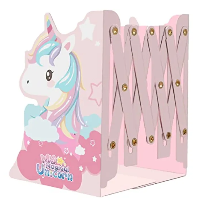 Zyners Adjustable Metal Bookends Heavy Duty for Shelves, 2 Dividers, Anti-Slip Design, Unicorn Style Expandable Bookends for Kids, Girls, Desk, Office, Home(19 inches Max)