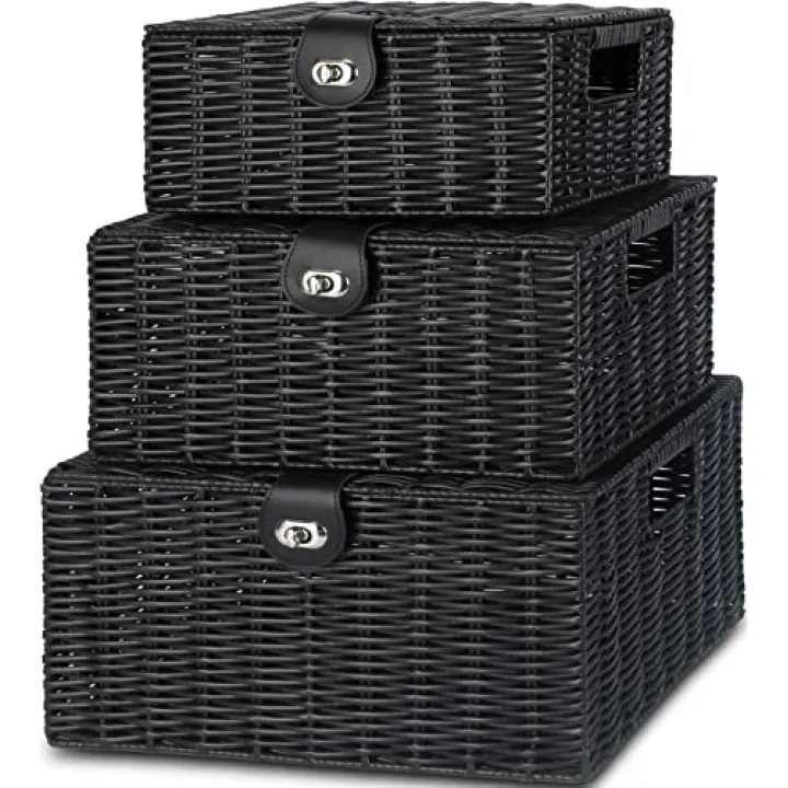 Honygebia Black Wicker Storage Baskets - Set of 3 Decorative Nesting Boxes with Lids, Woven Basket with Lock & Handle, Organizer for Beauty Makeup Bathroom Decor