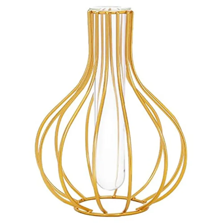 Nordic Simple Glass Clear Vase with Iron Art Frame for Hydroponic Planter, Metal Flower Vase Test Tube Pot Decorative Bottles Centerpieces for Wedding Home Décor (Gold,Gourd)