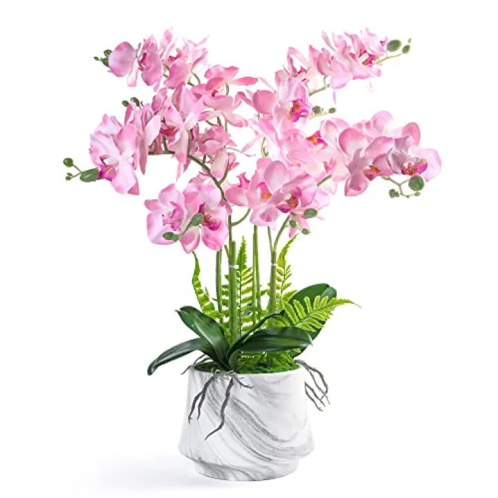 W&W Artificial Orchid Plants and Flowers with Vase, Fake Faux Silk Orchid in Ceramic Pot, 24'', Pink