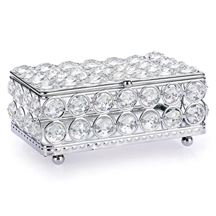 ELLDOO Crystal Jewelry Box Rectangle Trinket Organizer Earrings Rings Box Treasure Box Home Decor Accent Decorative Box with Lid for Valentine Wedding Christmas Birthday Gift, Silver, Small