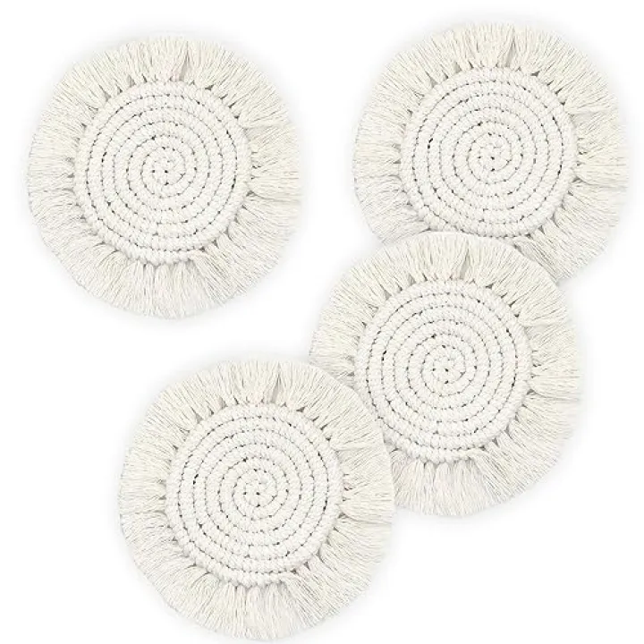 7.4in Boho Coasters Set of 4, Cute Drink Coasters Absorbent for Desk, Farmhouse Handmade Woven Macrame Coaster for Mugs Cups - Home Decor Housewarming Gift, 4PCS Round, Beige