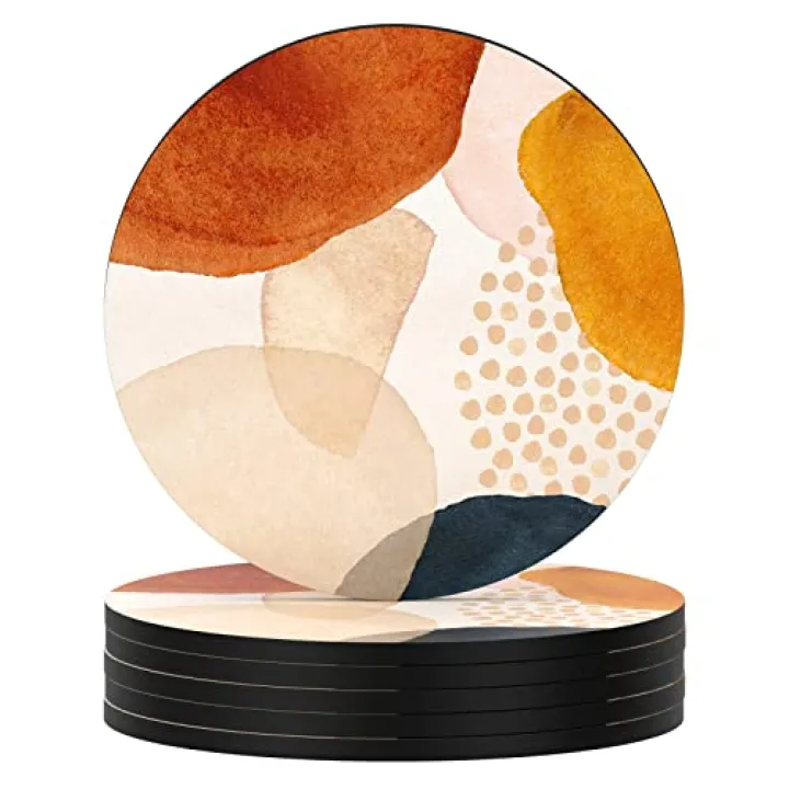 Nipichsha Coasters for Drinks, Set of 6 Cute Absorbent Rubber Drink Coasters for Cup with Non Slip Backing, Kitchen Home Decor Housewarming Gift, Round 4 in, Simple Abstract Art