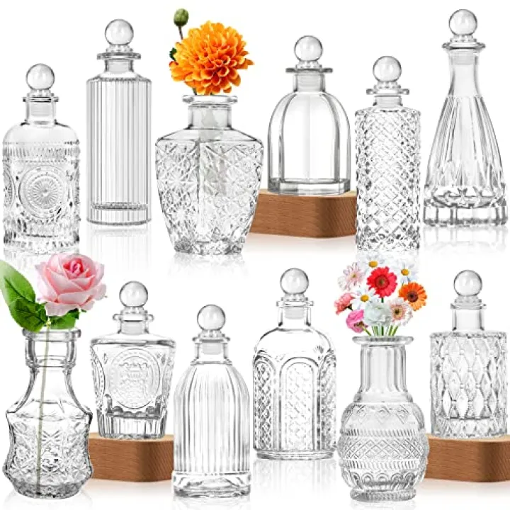 Glass Vase Bud Vases in Bulk Set of 12 Small Vases for Flowers,Embossed Clear Flower Vase,Vintage Glass Bottle Great for Table Decor,Wedding Centerpiece Table and as a Gifts