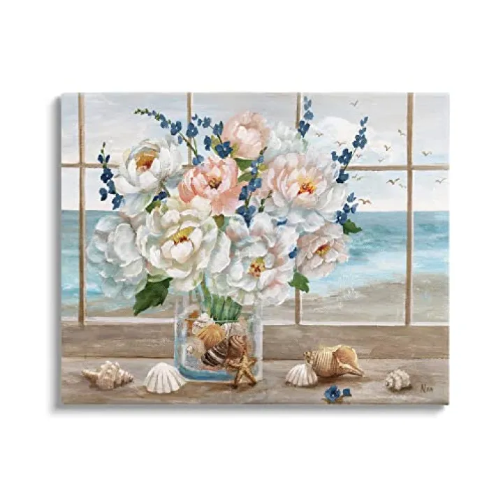 Stupell Industries Beautiful Seaside Peonies Bouquet Vase Beach Seashells, Design by Nan