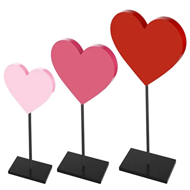 Spiareal 3 Pcs Valentine‘s Day Heart Wooden Sign on Stand Heart Shape Tall Standing Table Signs Love Farmhouse Decorations for Valentine‘s Day Table Party Centerpiece (Red White Pink,Fresh)