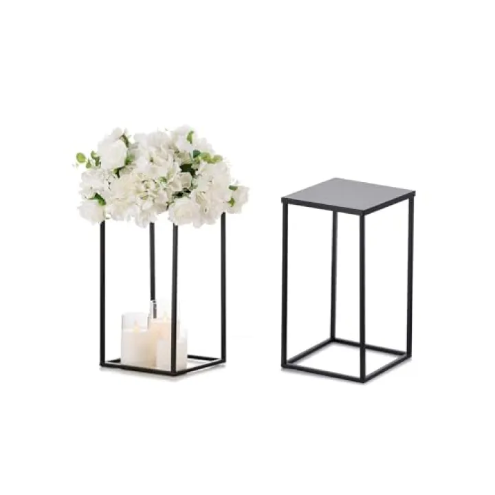 Sziqiqi Wedding Centerpieces Vase for Tables with Plates - 2 Pcs Metal Column Geometric Flower Stand 15.7in Black Flower Display Rack Decorations for T-Stage Reception Party Fiesta Event Home