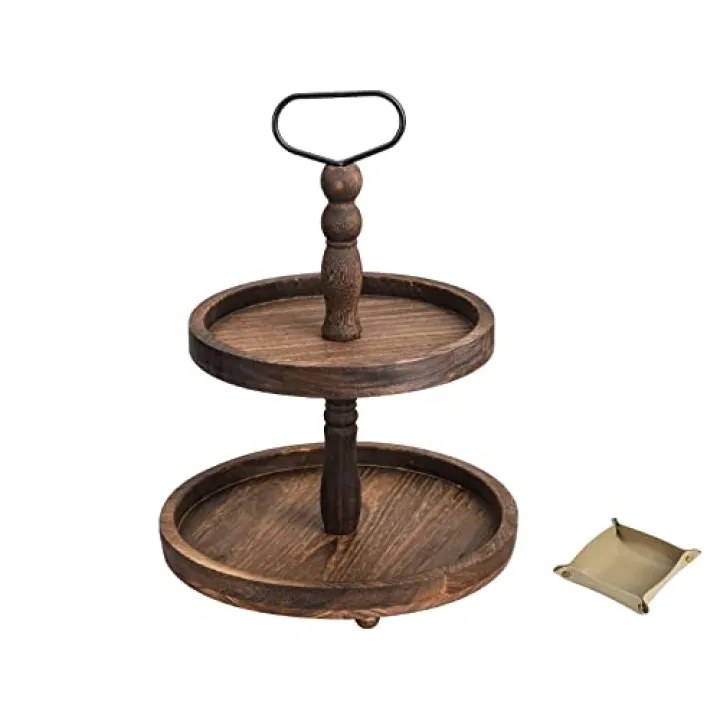 Farmhouse Wooden Decorative Two Tiered Trays+ Pu Leather Tray,Wood 2 Tier Serving Tray Stand for Rustic Table Centerpiece,Kitchen Decor,Coffee Bar, or Cupcake Stand (Brown)