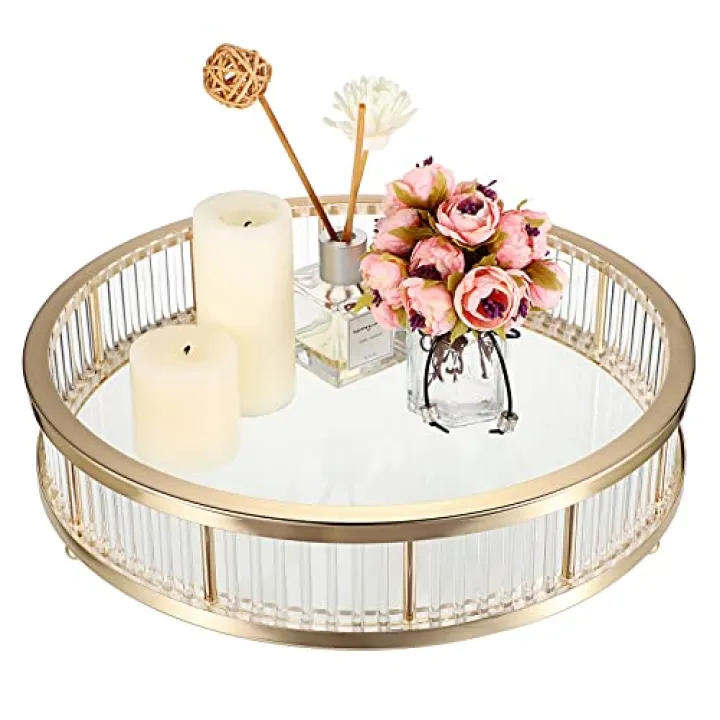 Hipiwe Gold Metal Perfume Tray - 12" Round Vanity Makeup Tray Jewelry Trinket Organizer Tray Coffee Table Decorative Tray Dresser Bathroom Tray with Acrylic Column Decor and Clear Glass Base