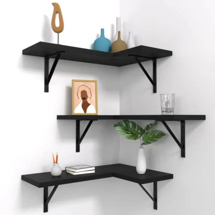 NATURE'S SOURCE Corner Floating Shelves Set of 3, Corner Shelves Wall Mounted, for Bedroom Kitchen Living Room Bathroom Office- Gothic Style (Black)