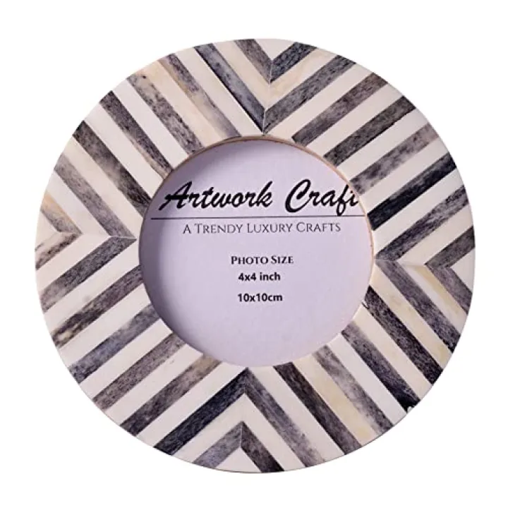 Artwork Craft Handmade Bone Round Picture Photo Frame Chevron Herringbone Art Inspired Vintage Table-Top/Wall Décor Circle Frames (Gray 4x4 inches)