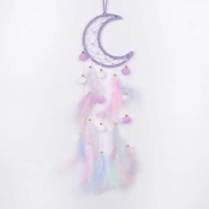 Pretty Jolly Purple Moon Kids Dream Catcher Wall Decor Pompom Feather Baby Dreamcatcher Handmade Children Dream Catcher Home Décor Wall Hanging for Nursery Bedroom Boys Girls Birthday Gift-25.6in