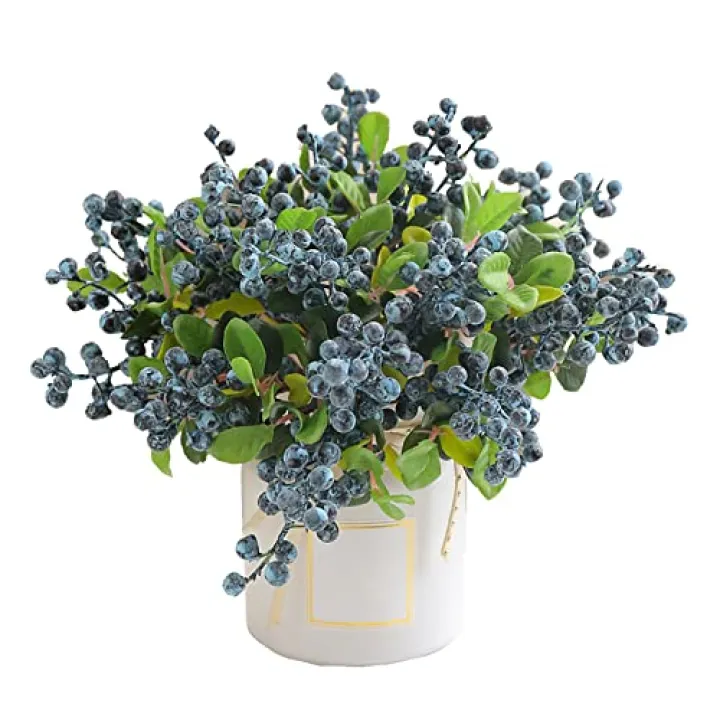 10Pcs Artificial Berries Stems Faux Blueberry Picks with Fake Green Leaves Lifelike Fruits Artificial Silk Flowers Arrangement for DIY Wedding Bridal Bouquet Home Office Christmas Party Decorations