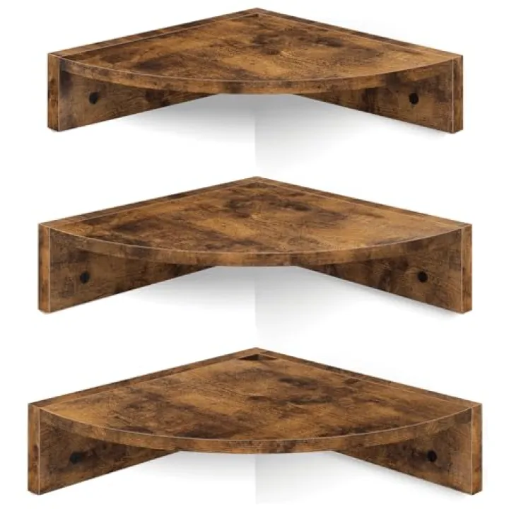 Homode Corner Shelf Wall Mount, Set of 3 Floating Corner Shelves with Cord Hole, 3 Tier Wood Wall Display Shelf, Storage for Bathroom Living Room Kitchen Bedroom, Rustic Brown and Black