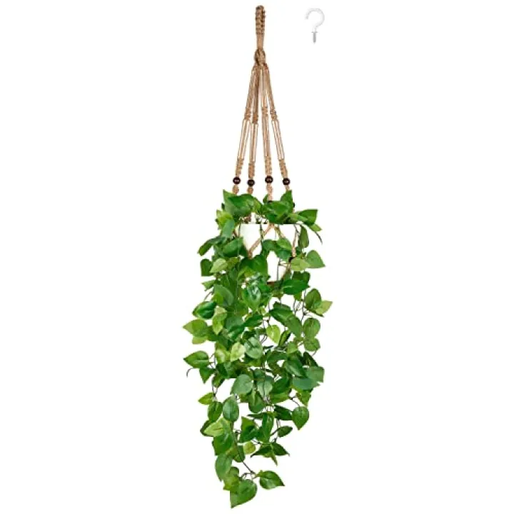 Mkono Fake Hanging Plant with Pot, Artificial Plants for Home Spring Decor Indoor Macrame Plant Hanger with Faux Vine Hanging Planter Greenery for Bedroom Bathroom Kitchen Office, Brown (Pothos)