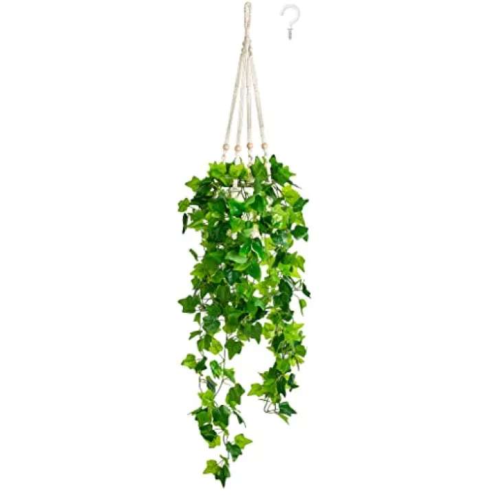 Dahey Fake Hanging Plants Artificial Decor Macrame Hanger with Artificial Vines in Pots Greenery for Wall Ceiling Bedroom Bathroom Indoor Home Decor, 1 Pack