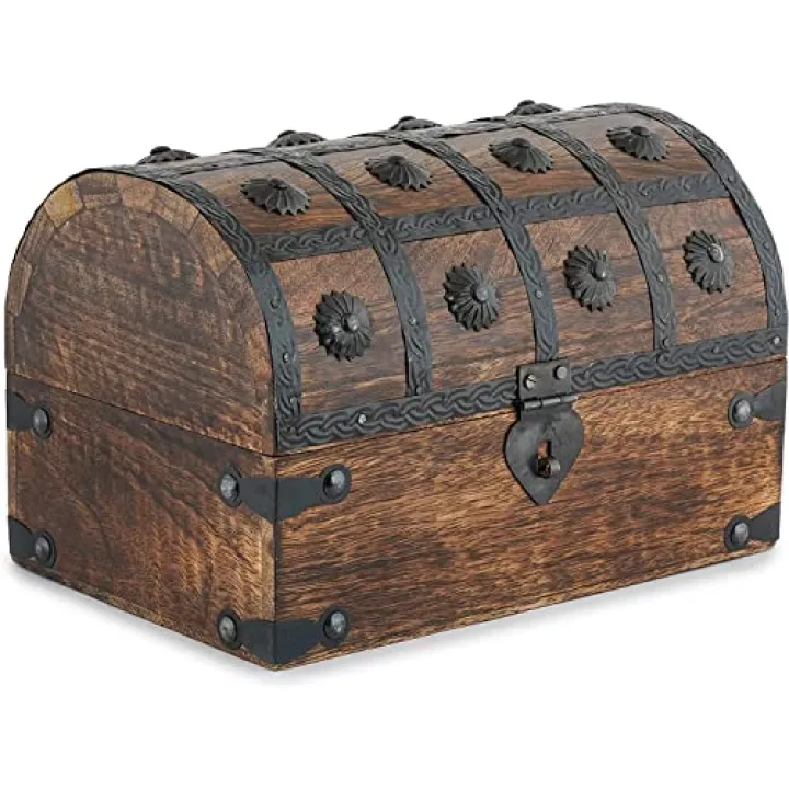 Ajuny Pirate Treasure Chest Wooden Keepsake Jewelry Box with Hinge 9x6 Inch Handmade Vintage Decorative Organizer with Shell Strips Design Perfect for Necklaces Earrings and Trinkets Gift Box