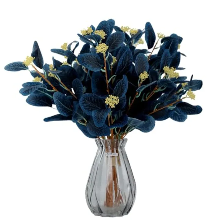 Rosscer 12Pcs Artificial Eucalyptus Stems, 20" Fake Silk Eucalyptu Leaves with Berries, Greenery Plants Floral Decorations for Boho Home Decor Flowers Arrangement Vase Party Wedding (Navy Blue)