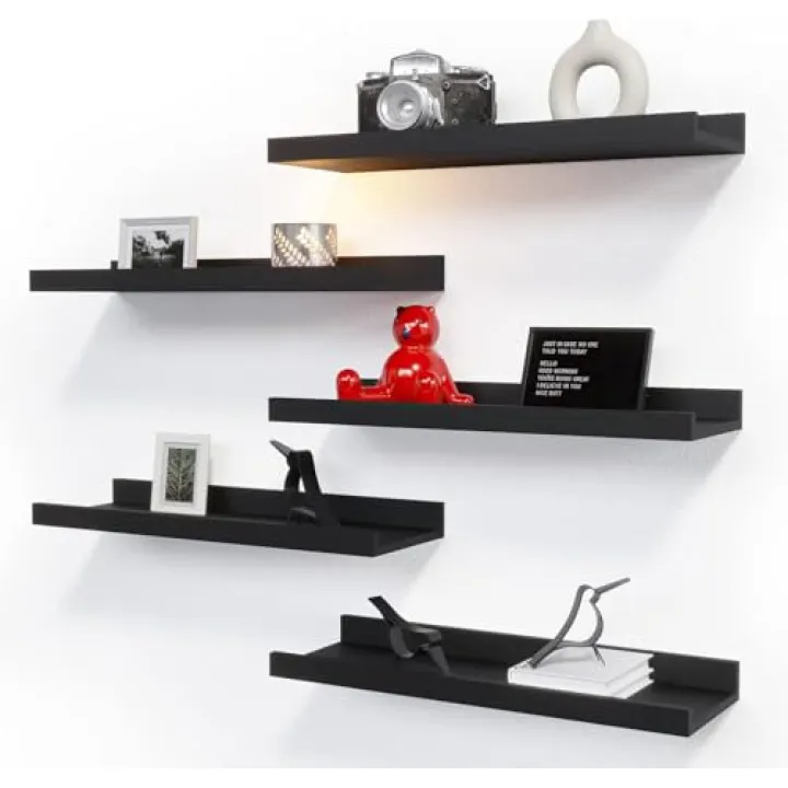 RICHER HOUSE 5 Set Floating Wall Mounted Shelves, Black Shelves for Wall Decor, Modern Picture Ledge Shelf with Lip for Storage, Nursery, Bedroom, Living Room, Bathroom - Black