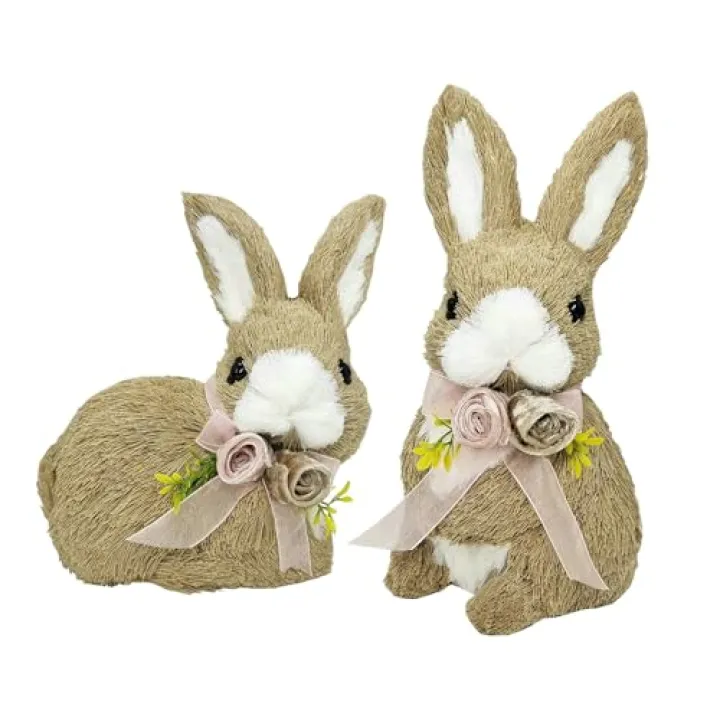 naturevibe 10 Inches Sisal Bunny Easter Decor,Set of 2 Easter Bunny w Floral Bow as Spring Decor,Decorative Farm Animals as Home Decorations