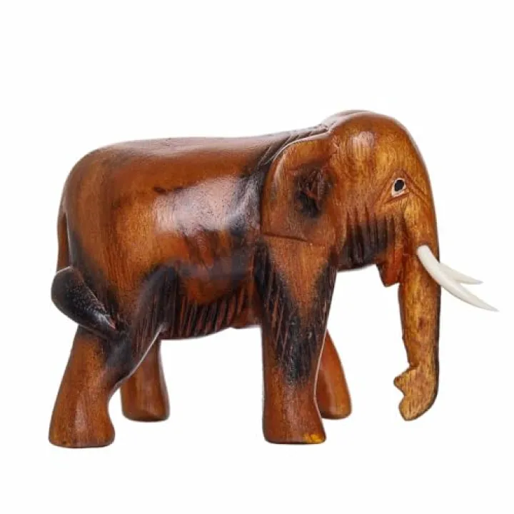 DUONGJAIS BRAND 4" Thai Wooden Hand Carved Wooden Elephant Statue, Sculpture Art Decorative Rustic Home Decor Accent Handmade Handcrafted Decoration (Brown)
