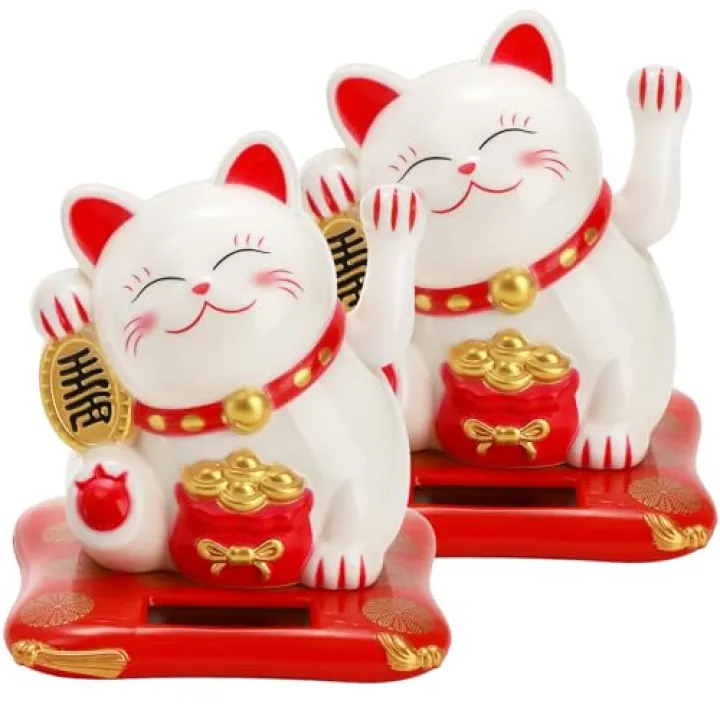 Youeon 2 Pcs Lucky Cat Waving Arm, Small Solar Waving Cat, Cute White Beckoning Cat Welcoming Cat, Maneki Neko as Good Luck Decor for Home, Office, Car, Stores, Restaurants
