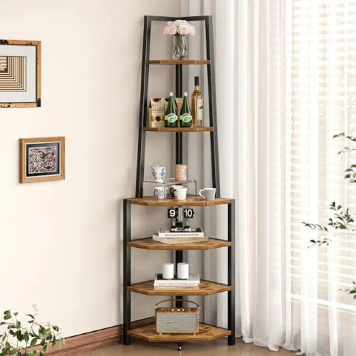 VECELO 6 Tier Corner Shelf 69 Inch Industrial Bookshelf with Metal Frame, Multipurpose Tall Plant Stand with Opening Display Shelves for Living Room, Bedroom, Home Office, Small Space, Brown
