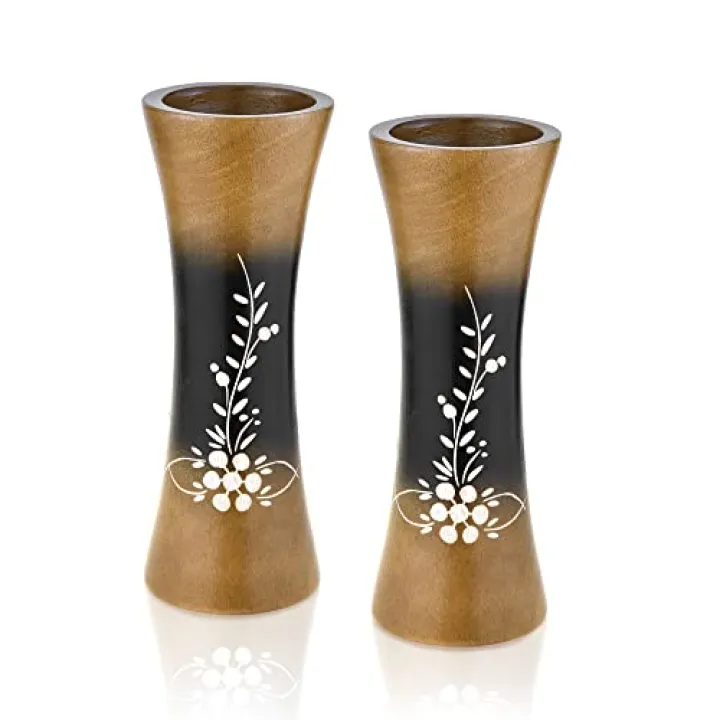 Aeravida Magical Foxglove Flower Brown 8-inch Mango Tree Concaving Wood Vase | Mango Tree Wood Kitchen Decor | Handmade Vase | Brown Mango Tree Wood Hand Carved Vase (2pcs)
