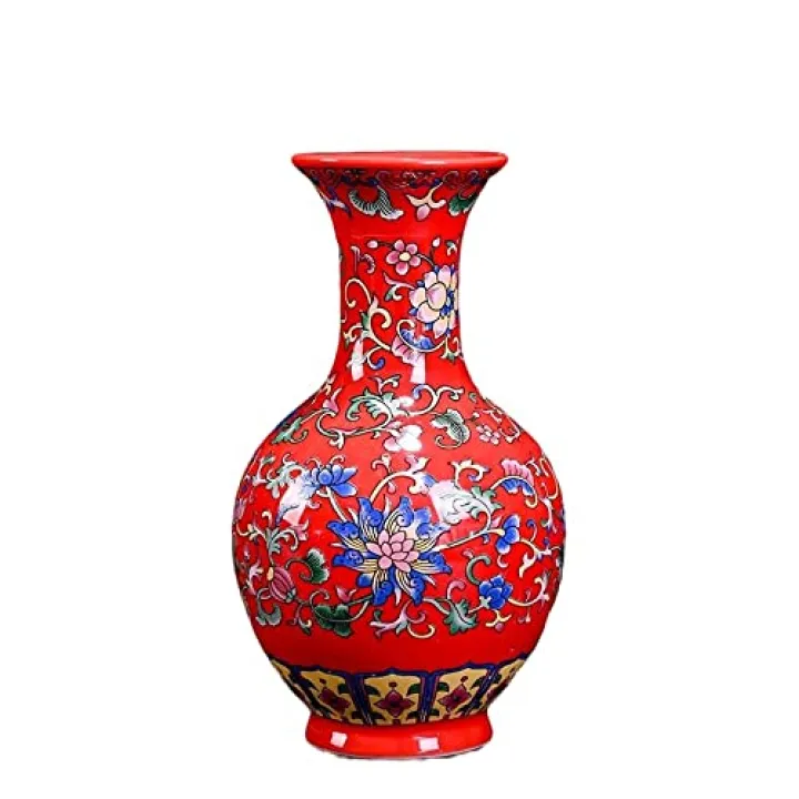 Small Ceramic Vase for Flower Handmade Elegant Vintage Chinese Painting Red Enamel Glazed Porcelain Decorative Vases for Office Home (G)