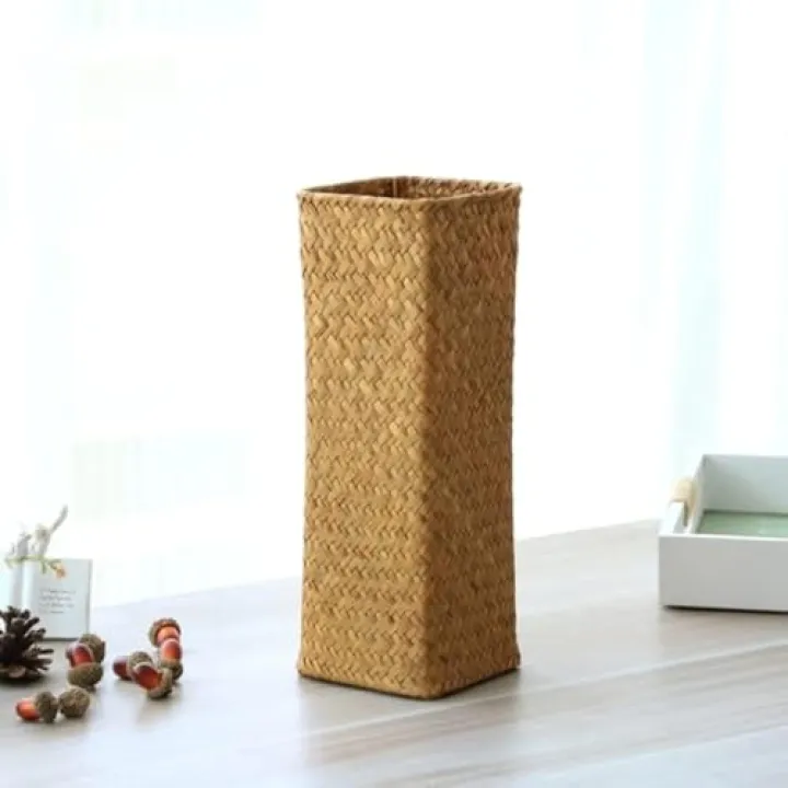 Natural Seaweed Weave Basket Pastoral Rattan Vase Bamboo Weaving Room Flower Arranger Gypsophila Dried Flower Vase Decoration (VASE A)