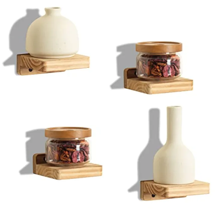 Freezing point Small Floating Shelf for Wall Set of 4 Natural Wood 4Inch Mini Wall Shelves Decor Plant Display Collectibles Mounted Kitchen Bathroom Bedroom Corner Decorative Storage Tiny Stand