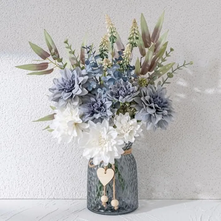 LUEUR Fake Flowers with Vase, Silk Roses Artificial Flowers in Vase Faux Flowers Arrangement Suitable for Home Kitchen Living Room, Fall Spring Decor for Office, Centerpiece Table Decorations