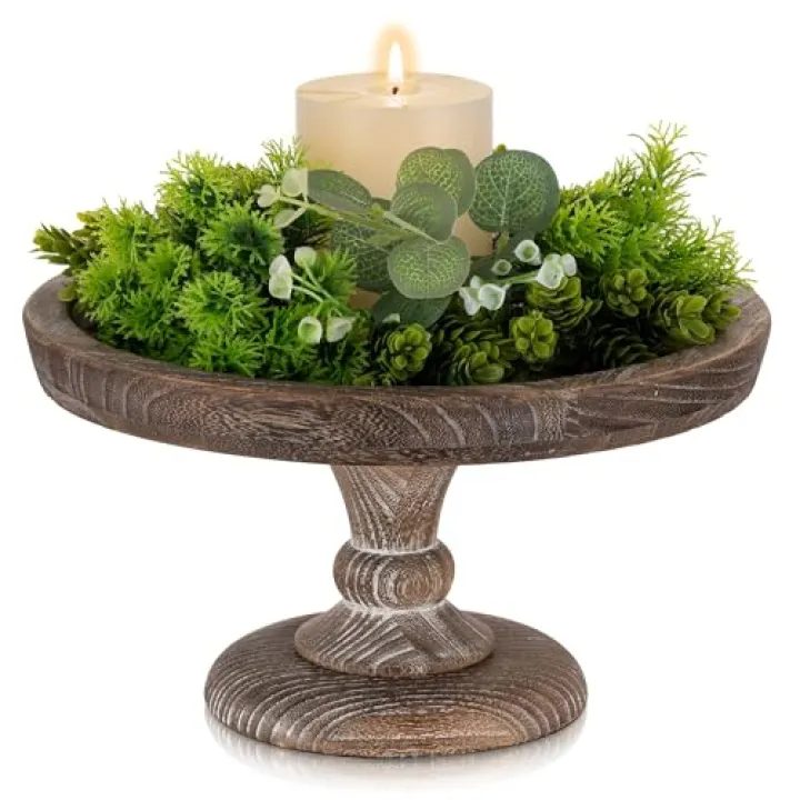 Hanobe Display Riser for Farmhouse Decor: Rustic Wooden Risers Round Decorative Pedestal Plate Stand Holder Tray for Candle, Cupcake, Plant