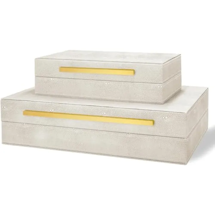 Sanfubox Modern Decorative Box Faux Shagreen Leather, Decorative Storage Boxes with Lids for Home Decor, Large Multifunctional Storage Jewelry Box Organizer(Ivory)