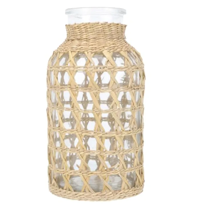 DOITOOL Rattan Woven Glass Vase 6.24 Inch Decorative Desktop Flower Arrangement Container for Home and Office