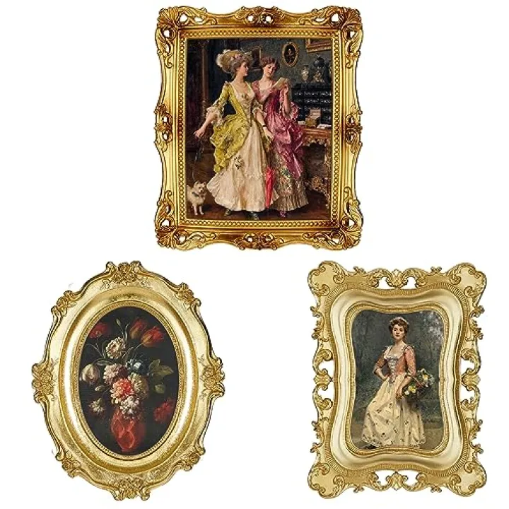 Thyle 3 Pcs Gold Vintage Picture Antique Resin Photo Frame Set Rectangle Ornate Antique Picture Frames for Art Tabletop Display Wall Hanging Home Decor(Gold)