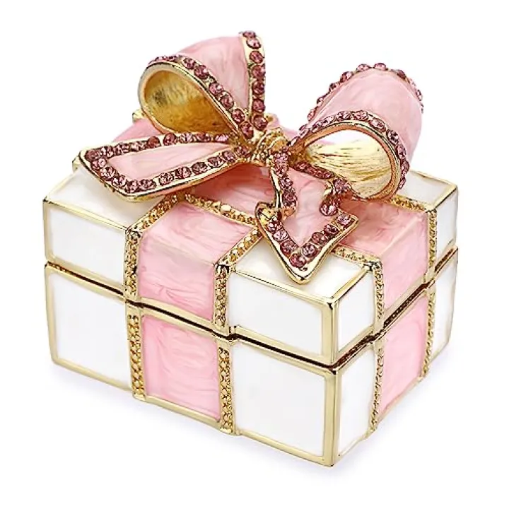 ELLDOO Mini Trinket Box, Bow-knot Gift Box Style Hinged Jewelry Box Vintage Metal Enameled Decorative Box Ring Earrings Jewelry Organizer Gift Box for Women Girls, Pink