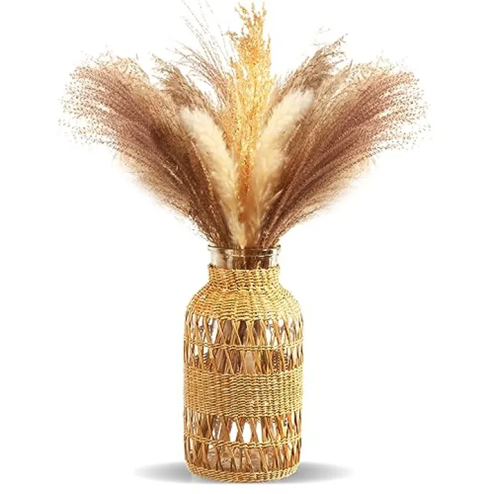 ZENS Rattan Boho Vase, Hand Woven Wicker Cover Glass Flower Vases for Pampas Grass, Artistic Boho Style Country Vase for Fall Flower Decor, Home Table Centerpiece, Farmhouse Decorative