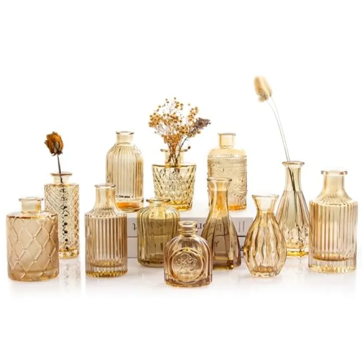 TBWIND Gold Amber Glass Bud Vases Set of 12, Small Vases for Flowers, Champagne Mini Vintage Vases for Centerpieces,Bud Vase in Bulk for Wedding Decor,Single Flowers,Office and Home Table Flower Décor