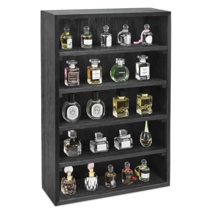 Ikee Design Wooden Wall-Mounted Display Shelves Rack for Collectibles, Figures,Shot Glasses,Spice Can,Cosmetics or Perfume, 5 Adjustable Height Shelves,Space-Saving, Black Color