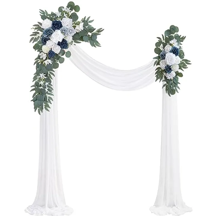 Olalaka Dusty Blue Artificial Wedding Arch Flowers Kit (Pack of 3) with 26Ft White Shiny Arch Draping Fabric for DIY Wedding Party Ceremony Reception Backdrop Floral Decoration
