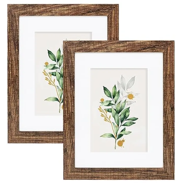 Hongkee 8x10 Picture Frame Set of 2, Made of Real Glass and Rustic Brown Wooden Frame - Display Picture 5x7 with Mat or 8x10 Without Mat, 8 by 10 Photo for Wall or Tabletop