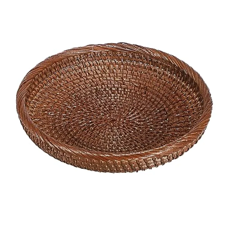 Hipiwe Small Key Basket Bowl for Entryway 7.6" Round Woven Wicker Basket Fruit Serving Tray Woven Basket Wall Decor Rattan Organizer Basket for Keys Wallet Cell Phone, Brown