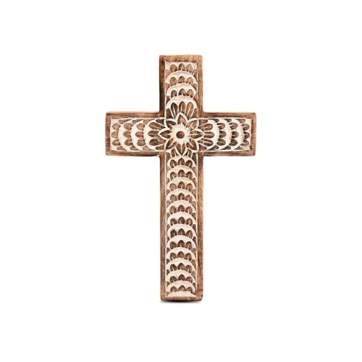 EDHAS Mango Wood White Cross Carved Floral-Design Family Cross Decor,Home Decoration (10" x 6" x 0.5")
