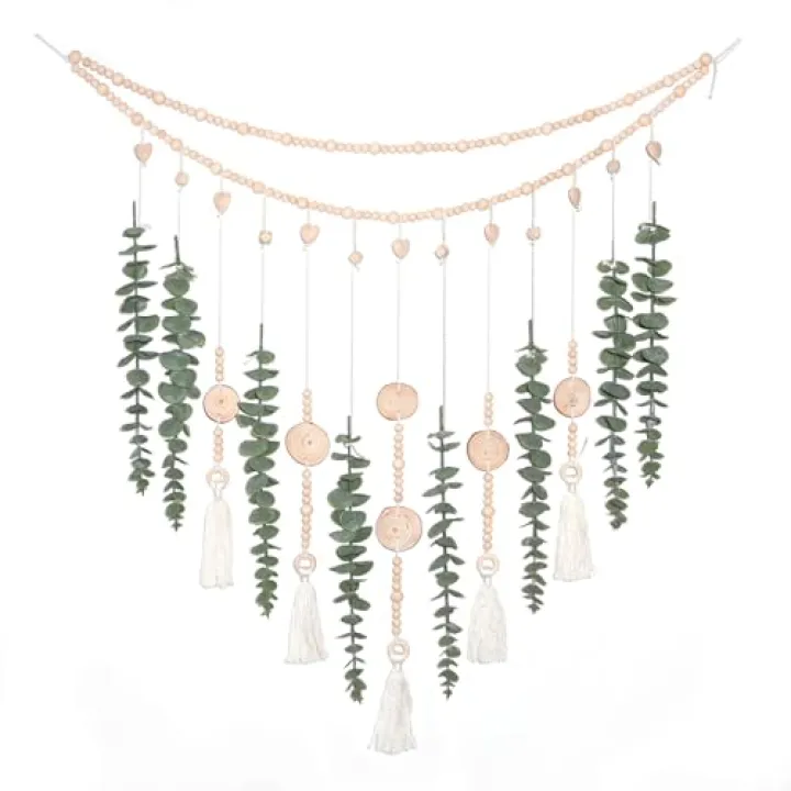 GIAUMA Artificial Hanging Eucalyptus Wall Decor Fake Greenery Leaves Plants on 28.5 inch Beads Garland Wall Art Large Boho Rustic Farmhouse Decor for Bathroom Bedroom Kitchen Living Room Sage Green
