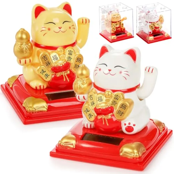 Cididu 2 Pack Solar Waving Cat, Small Lucky Cat Waving Arm Solar Powered, Stackable Good Luck Fortune Cat Window Sun Catcher Car Dashboard Decor, Portable Suncatchers Welcoming Cat with Clear Cover