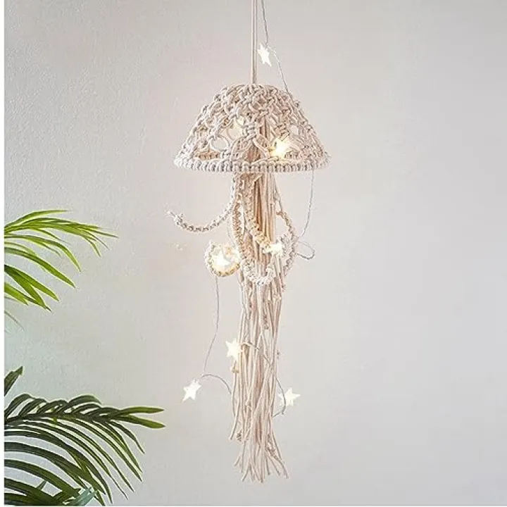 Macrame Wall Hanging,Jellyfish Dream Catcher with Star Lights,Bohemian Woven Wall Art Decor Beautiful Apartment Dorm Room Door Decoration (White)