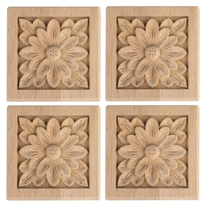 Aiminjey 10 Pcs Decorative Wood Flower Carved Appliques Onlays, 2.4 x 2.4inch Unpainted Solid Wood Square Carving Decal for Furniture Cabinet Closet Decoration (2.4inch-10pcs)